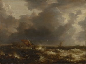 Stormy Sea, oil on oak, 39.5 x 52 cm, monogrammed on the rock bottom left: B • P, Bonaventura