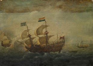 Naval Battle, 1621 (?), Oil on panel, 35.5 x 50.5 cm, signed on the underside of the ship [hard to