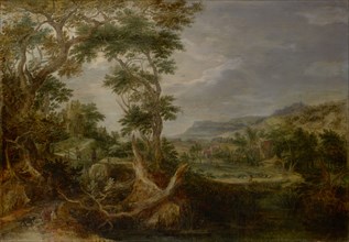 Swampy valley with hill castle and distant homesteads, 1611, oil on oak wood, 38 x 55 cm, signed