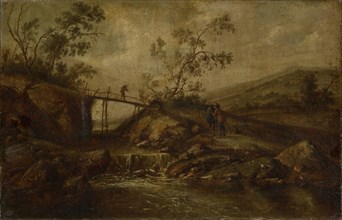 Landscape with waterfall, bridge and staffage, oil on oak wood, 33.5 x 51 cm, not marked, François