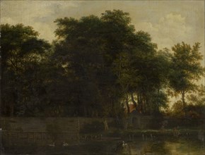 Swan pond in front of a park, oil on oak wood, 34.5 x 45.5 cm, not marked, Guillam Dubois, Haarlem