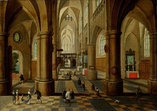 Interior of a gothic church, oil on oak wood, 24 x 34.5 cm, monogrammed on the second pillar from