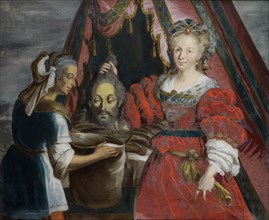 Judith with the head of Holofernes, 1744, reverse glass painting, 32.5 x 39 cm, signed and dated at