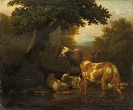 Cattle at the potions, oil on oak, 23.5 x 28.5 cm, Not marked, Dirck van Bergen, Haarlem 1645–nach
