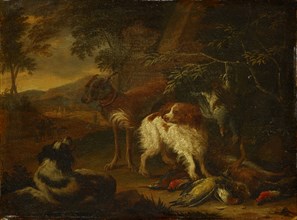 Dogs with dead game, oil on oak, 18 x 23 cm, Signed below on the stone in the middle: A Gryef f., .