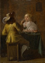 Officer and girl near the wine, around 1630/40, oil on oak wood, 14 x 10 cm, Monogrammed on the