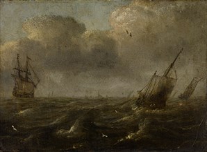 Moving sea with ships, oil on panel, 10.5 x 15.5 cm, Unsigned, Simon de Vlieger, (Art / style of),