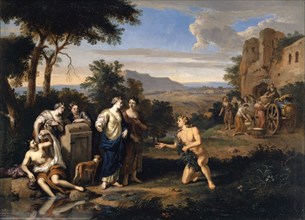 Odysseus and Nausicaa in an Arcadian landscape, oil on panel, 29 x 39 cm, signed on the stele: G