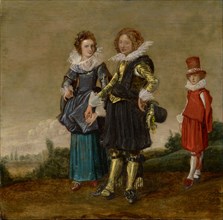 Young couple walking with a page, oil on oak, 27 x 27.5 cm, unsigned, Dirck Hals, (oder Umkreis (?)