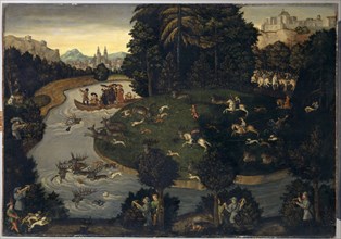 Deer Hunt Frederick the Wise with Emperor Maximilian I, c. 1600, oil on oak, 86.5 x 123 cm, marked
