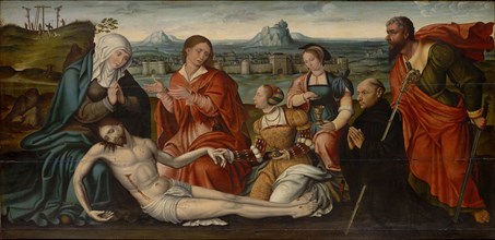 Lamentation of Christ with Founder, Oil on Oak, 81.5 x 166.5 cm, Unmarked, Niederländischer