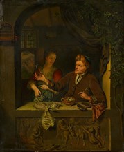 Fishmonger and Woman with Beer Mug, 18th C.?, Oil on oak, 35.8 x 29.2 cm, Willem van Mieris, (Kopie
