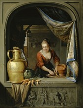 Cook at the window, 1775, oil on linden wood, 45 x 35 cm, signed and dated left: laquy pin 1775,