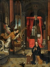 The Annunciation, c. 1520/30, oil on panel, 66 x 50.5 cm, unsigned., On the tape: Ave • maria plina