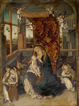 Madonna lactans with musician angels in an interior, oil on fir wood, 34 x 24.5 cm, unmarked,