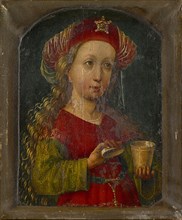 The hl., Maria Magdalena in Half Figure, c. 1475-1500, oil on parchment, unsigned., On the sleeves