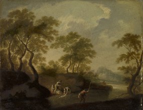 River landscape with washerwomen, oil on oak wood, 25 x 31.5 cm, not marked, Französischer Meister,