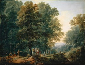 Forest landscape with migrant farmers, oil on fir wood, 23.5 x 31 cm, unsigned, Johann Andreas