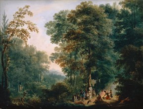 Forest landscape with hunters, oil on fir wood, 23.5 x 31 cm, unsigned, Johann Andreas Herrlein,