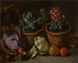 Still life with primroses and vegetables, Image on reverse, oil on copper (printing plate), 20.1 x