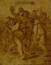 Raufende Bauern, oil on oak wood, 27 x 21.5 cm, remains of the signature lower left: A .v., en ...
