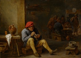 Farmer in a tavern lighting his pipe, oil on oak wood, 24.8 x 34.6 cm, signed lower right: D.