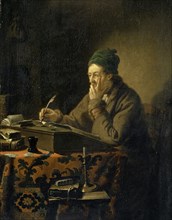 Scholar at the desk, 1752, oil on oak wood, 29.5 x 24 cm, signed and dated on the dark paper sheet