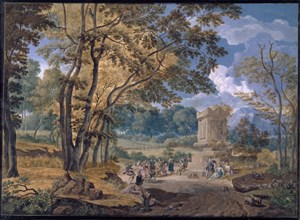 Arcadian Landscape, 1702, gouache on parchment, 13 x 26 cm, signed and dated lower left in gold on