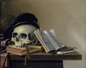 Still Life with Skull, Books, Flute and Whistle, 1632-1660, oil on oak wood, 20 x 26 cm, Signed on