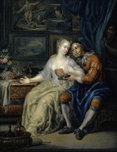 Loving couple with a maid, oil on copper, 28 x 21.5 cm, unsigned, Johann Georg Platzer, St. Michael