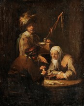The rat poison vendor, oil on panel, 21.7 x 17.4 cm, unmarked, Johann Georg Trautmann, Zweibrücken