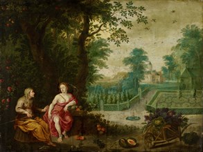 Vertumnus and Pomona, oil on copper, 55 x 73 cm, inscribed on the reverse with illegible ligated