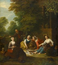 Meal outdoors, oil on panel, 58 x 51 cm, signed lower left: MiRiS F, Jan van Mieris, Leiden