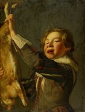 Boy with dead rabbit, oil on oak wood, 65 x 50 cm, unsigned, Frans Hals, (Umkreis / circle),