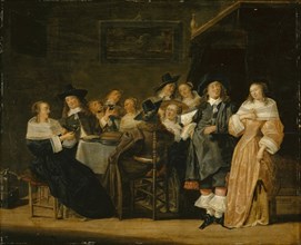 Society at table, oil on panel, 45 x 55 cm, Not specified, Palamedes Palamedesz. (I), (?),