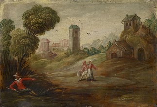 Landscape with staffage, oil on panel, 14 x 20.5 cm, unsigned, Süddeutscher (Schweizerischer)