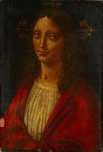 Christ in half figure, oil on handkerchief, relined and mounted on wood, 46.5 x 32.5 cm, unmarked,