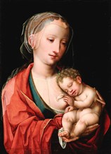 Madonna lactans with sleeping child, oil on oak, 38.5 x 28 cm, unsigned, Meister mit dem Papagei,