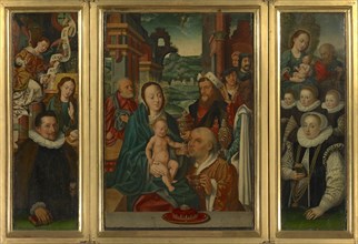 Adoration of the Magi (middle panel), Annunciation with donor, flight to Egypt with donor figures