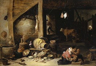 In the stable, around 1643, oil on oak, 61.2 x 87.5 cm, signed on the wooden block bottom right: D.
