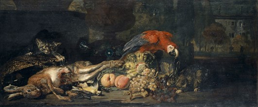 Still Life with Wild and Fruit, Parrot, Rabbit and Cat, Oil on Canvas, 62.5 x 148.5 cm, Not
