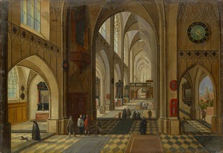 Interior of a gothic church, oil on oak wood, 27 x 39 cm, signed on the right side of the pillar: