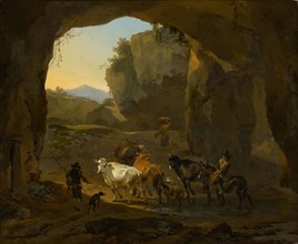 Farmers with herd of cattle in a cave, 1654, oil on oak, 38.6 x 46.6 cm, signed lower right: