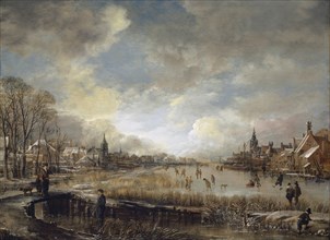 Two towns on a frozen river with golfers and ice skaters, around 1660/65, oil on oak, 40.1 x 53.9