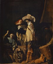 Two officers show jewelry and precious implements, oil on oak, 49 x 40.5 cm, monogrammed lower left