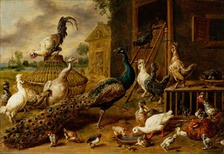 Poultry yard, 1650, oil on oak, 39 x 60 cm, signed and dated right below the window: Adriaen van