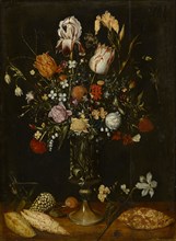 Still Life with a Bouquet in High Glass Foot, Oil on Oak, 52.8 x 39 cm, Unmarked, Niederländischer