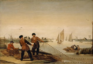 Two fishermen pull their net ashore, oil on oak, 31 x 44.5 cm, Monogrammed bottom left on the boat: