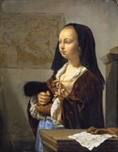 Ready for going out young lady with feather fan, around 1657/59, oil on oak wood, 20 x 15.8 cm,