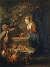 Kitchen Girl at the Well, Oil on Oak, 28.3 x 21.5 cm, Signed Left, on the Well Edge: GDOV [G and D
